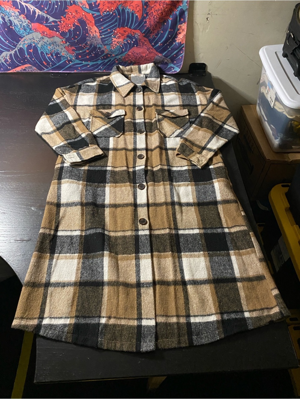 KIRUNDO Plaid Shacket in Tan, Black & Cream